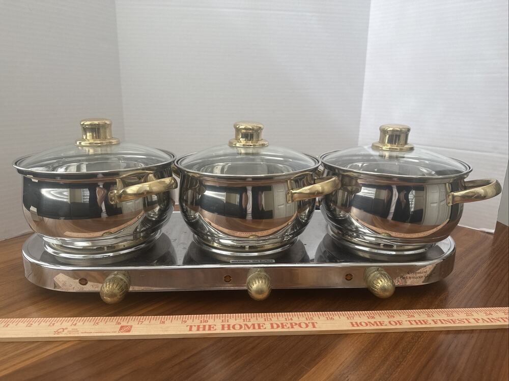 Command Performance Stainless/ Gold Buffet Cookware Set 3 Pots Lids & Warmer VTG